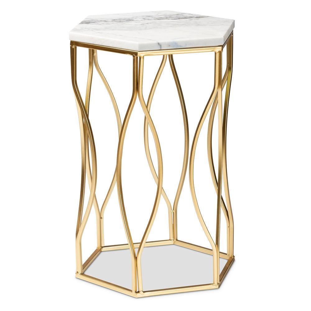 Kalena Modern and Contemporary Gold Metal End Table with Marble Tabletop FredCo