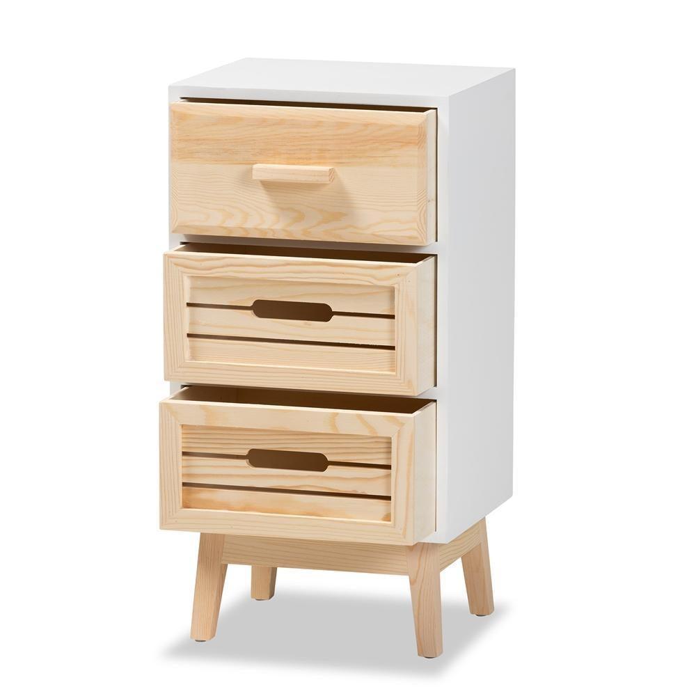 Kalida Mid-Century Modern Two-Tone White and Oak Brown Finished Wood 3-Drawer Storage Cabinet FredCo