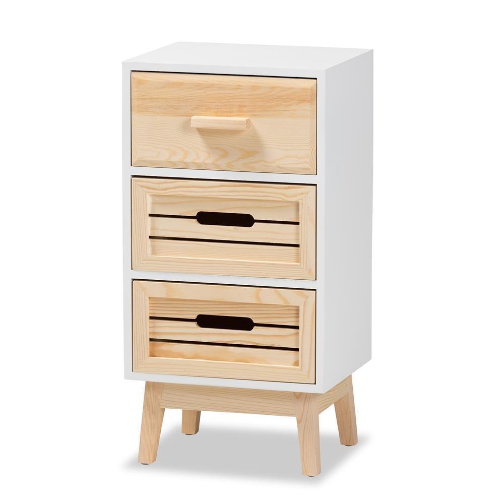 Kalida Mid-Century Modern Two-Tone White and Oak Brown Finished Wood 3-Drawer Storage Cabinet FredCo
