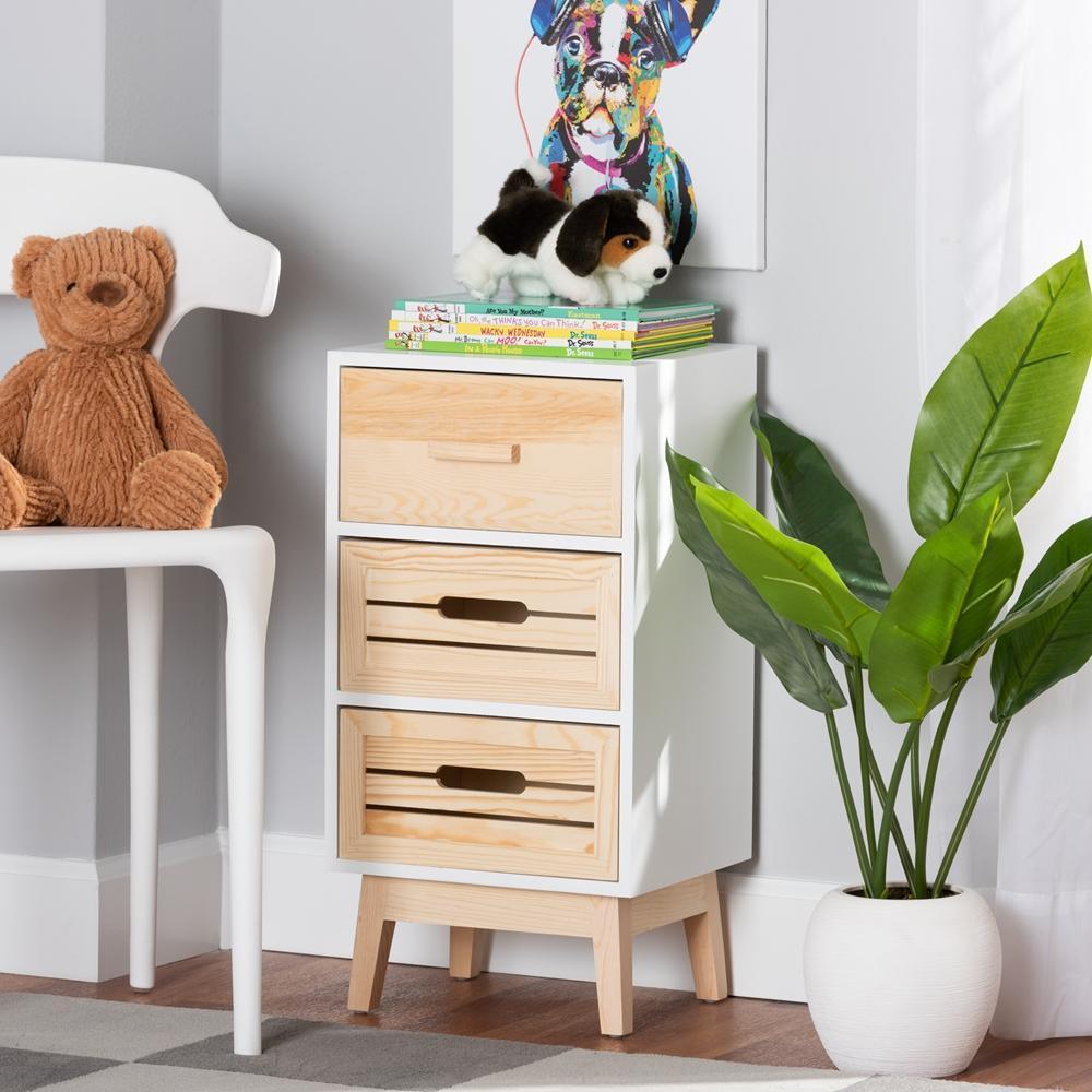 Kalida Mid-Century Modern Two-Tone White and Oak Brown Finished Wood 3-Drawer Storage Cabinet FredCo