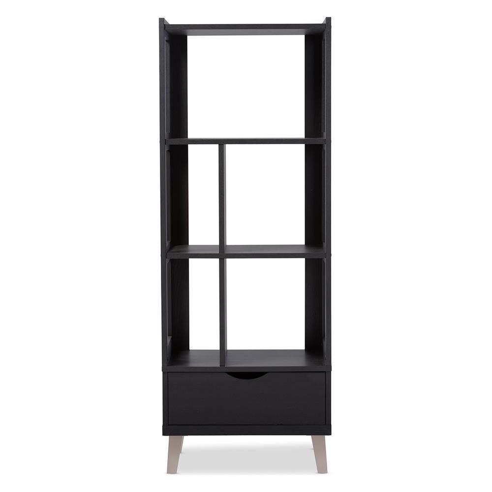 Kalien Modern and Contemporary Dark Brown Wood Leaning Bookcase with Display Shelves and One Drawer FredCo