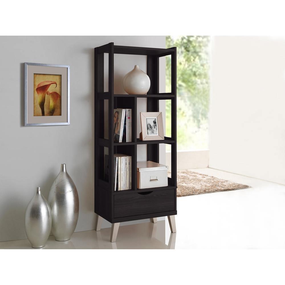 Kalien Modern and Contemporary Dark Brown Wood Leaning Bookcase with Display Shelves and One Drawer FredCo