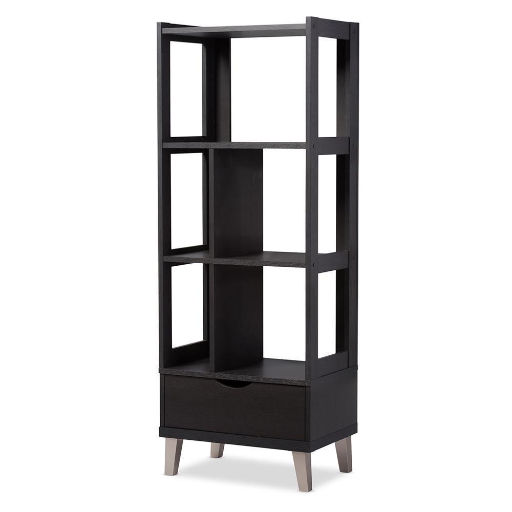 Kalien Modern and Contemporary Dark Brown Wood Leaning Bookcase with Display Shelves and One Drawer FredCo