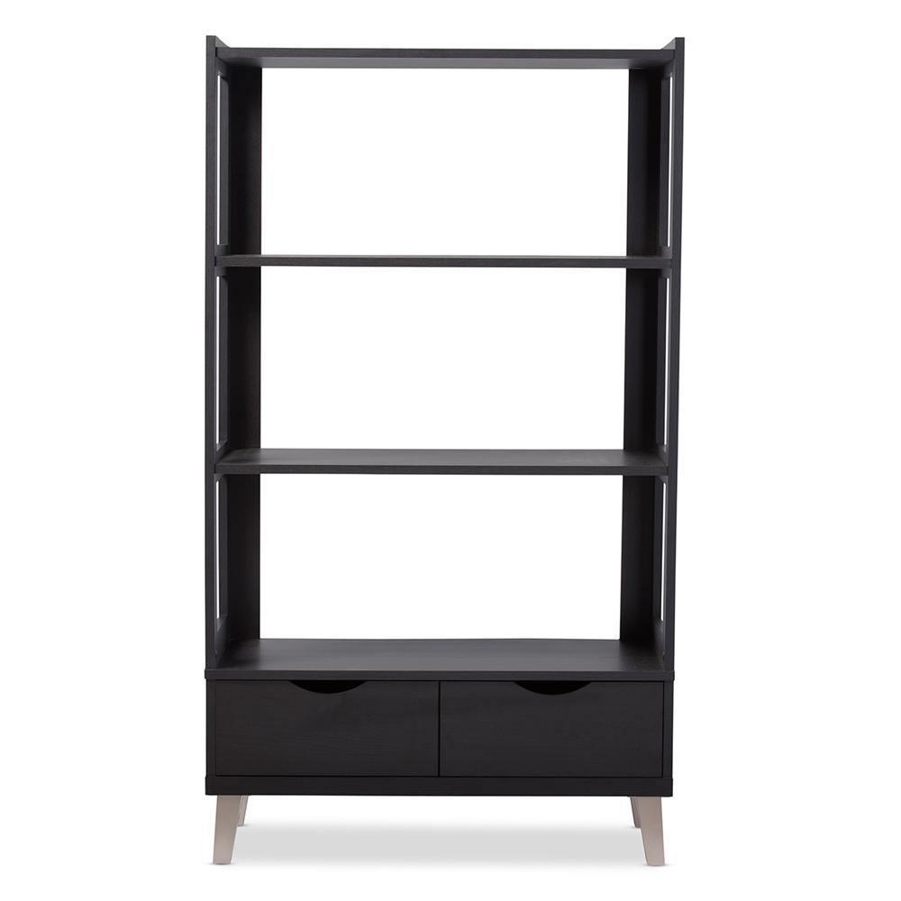 Kalien Modern and Contemporary Dark Brown Wood Leaning Bookcase with Display Shelves and Two Drawers FredCo