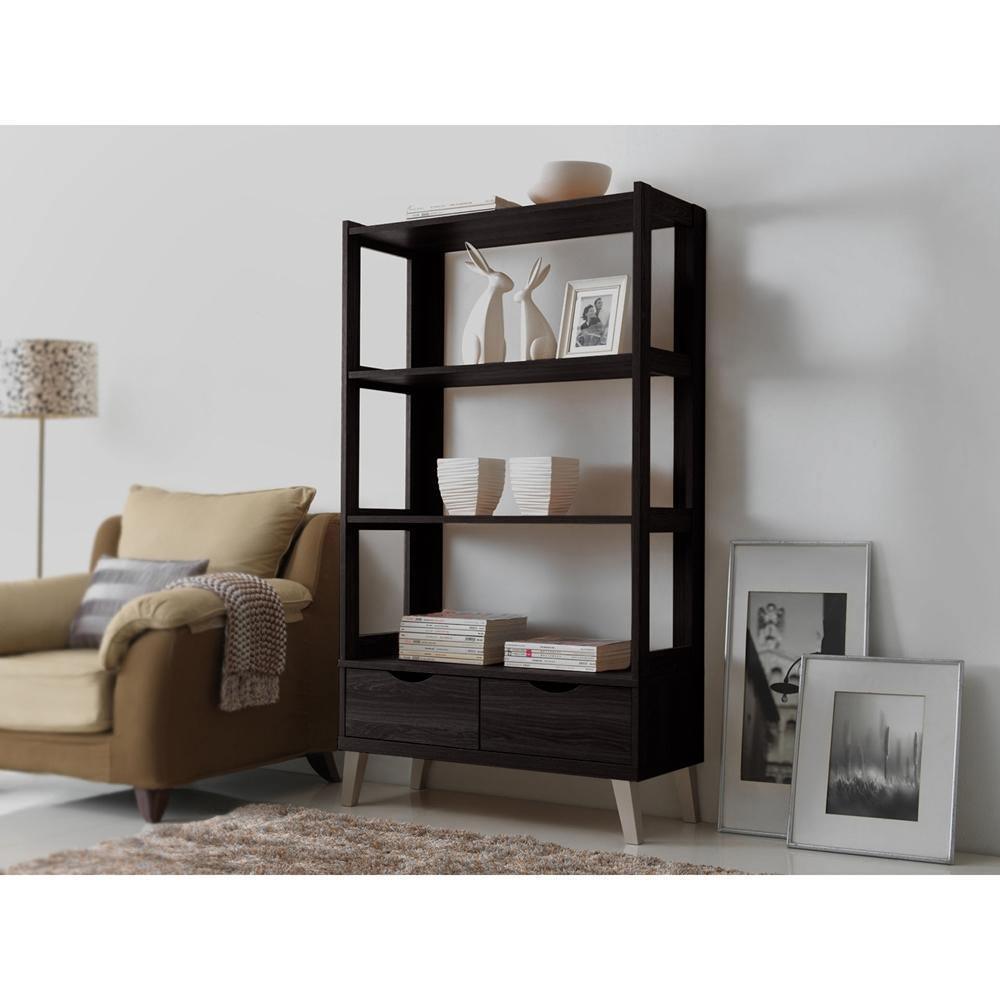 Kalien Modern and Contemporary Dark Brown Wood Leaning Bookcase with Display Shelves and Two Drawers FredCo