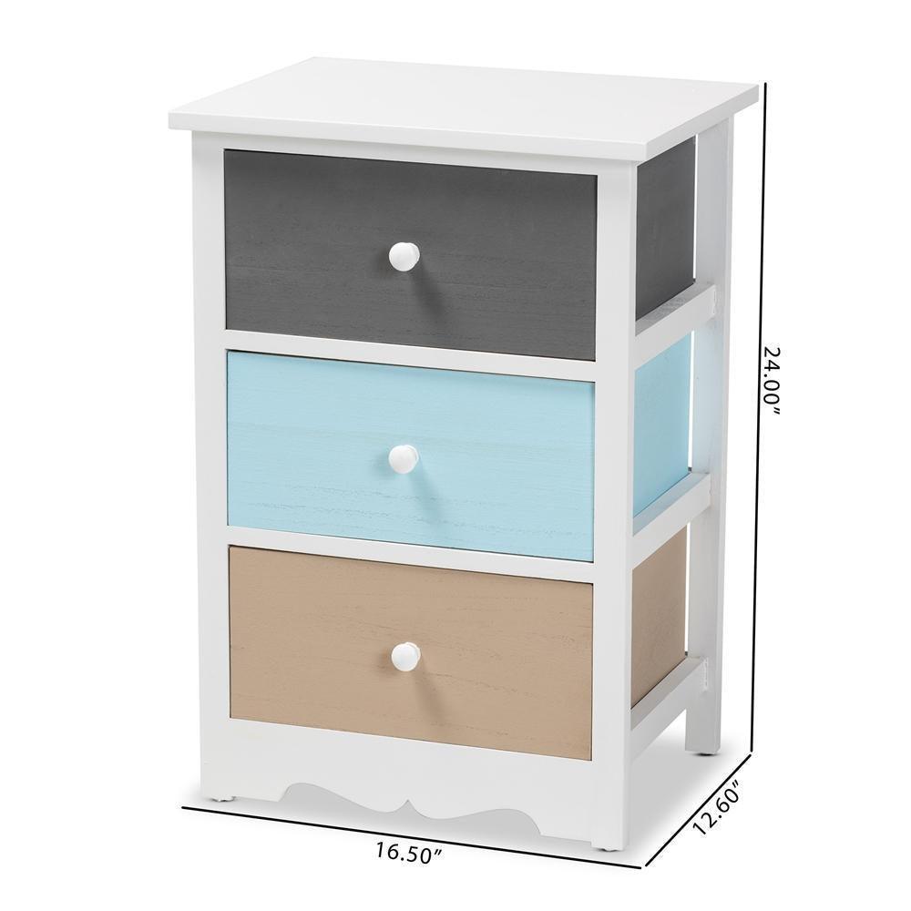 Kalila Modern and Contemporary White and Multi-Colored Finished Wood 3-Drawer Nightstand FredCo
