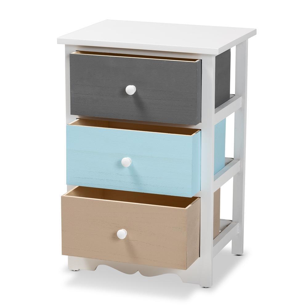 Kalila Modern and Contemporary White and Multi-Colored Finished Wood 3-Drawer Nightstand FredCo