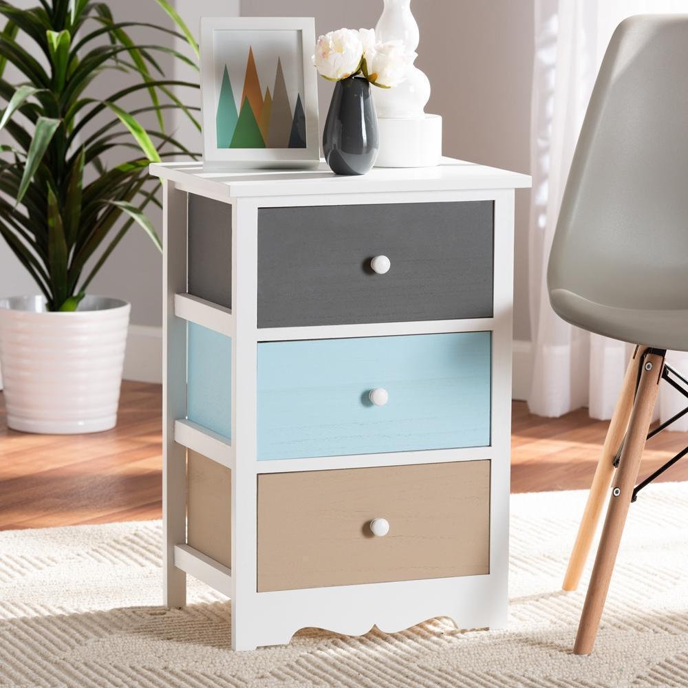 Kalila Modern and Contemporary White and Multi-Colored Finished Wood 3-Drawer Nightstand FredCo
