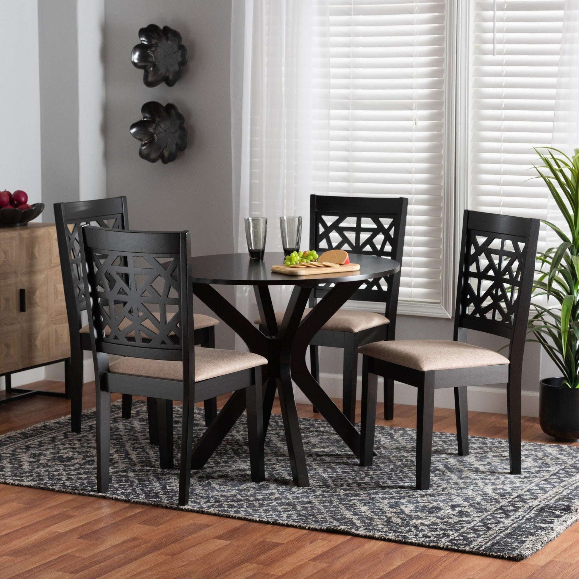 Karel Modern Beige Fabric and Espresso Brown Finished Wood 5-Piece Dining Set FredCo