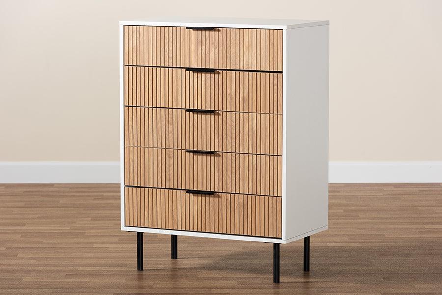 Karima Mid-Century Modern Two-Tone White and Natural Brown Finished Wood and Black Metal 5-Drawer Storage Cabinet FredCo