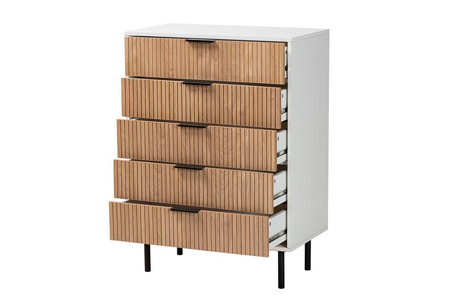 Karima Mid-Century Modern Two-Tone White and Natural Brown Finished Wood and Black Metal 5-Drawer Storage Cabinet FredCo