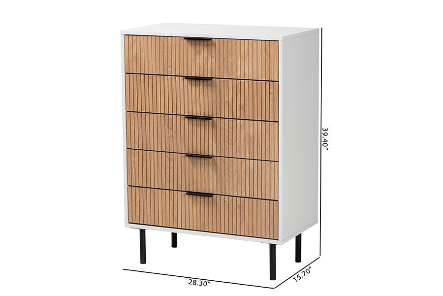 Karima Mid-Century Modern Two-Tone White and Natural Brown Finished Wood and Black Metal 5-Drawer Storage Cabinet FredCo