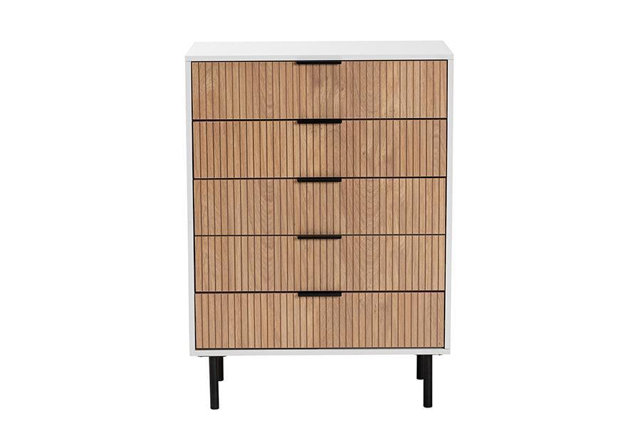 Karima Mid-Century Modern Two-Tone White and Natural Brown Finished Wood and Black Metal 5-Drawer Storage Cabinet FredCo