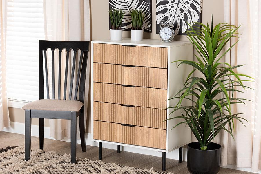Karima Mid-Century Modern Two-Tone White and Natural Brown Finished Wood and Black Metal 5-Drawer Storage Cabinet FredCo