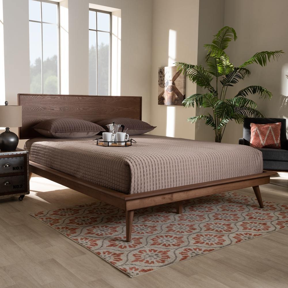Karine Mid-Century Modern Walnut Brown Finished Wood King Size Platform Bed FredCo