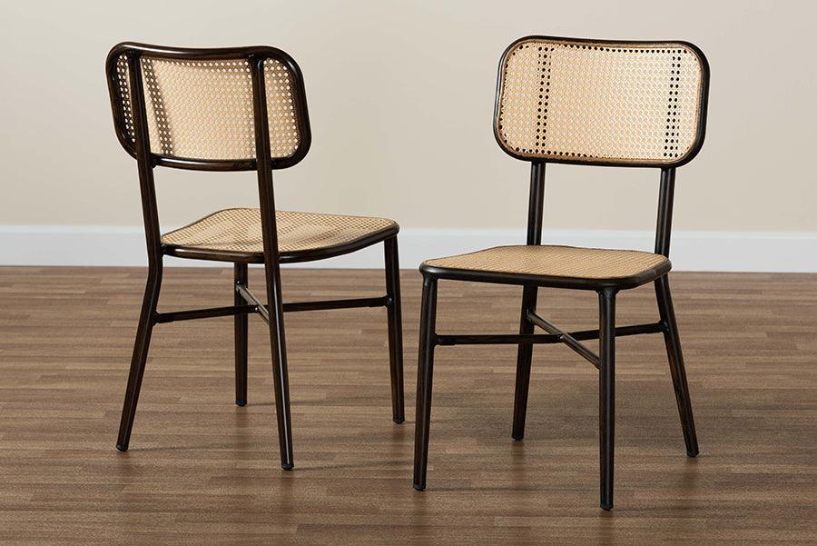 Katina Mid-Century Modern Dark Brown Finished Metal and Synthetic Rattan 2-Piece Outdoor Dining Chair Set FredCo