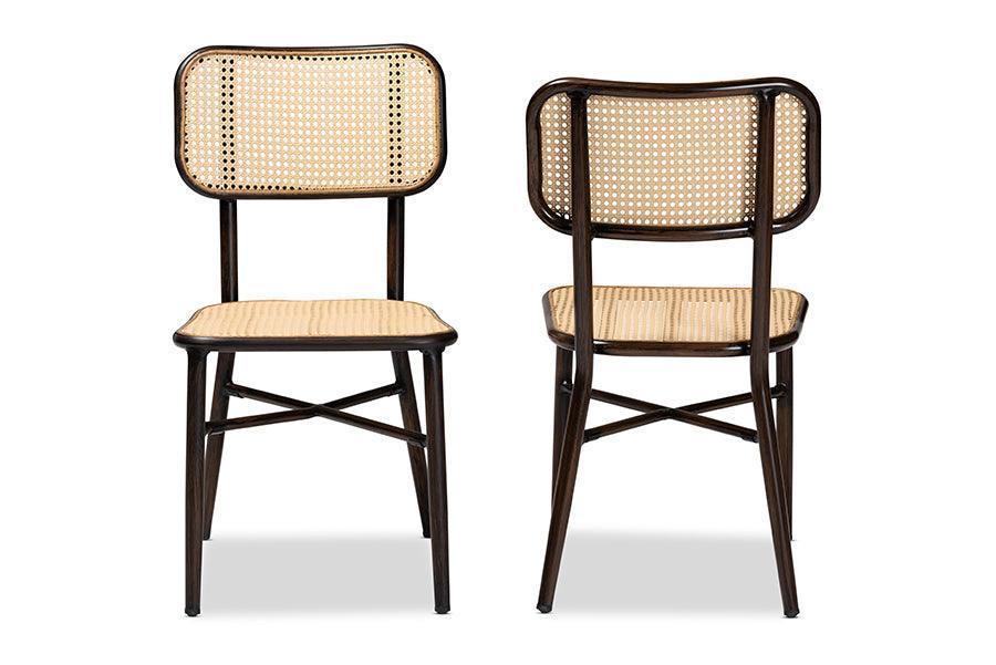Katina Mid-Century Modern Dark Brown Finished Metal and Synthetic Rattan 2-Piece Outdoor Dining Chair Set FredCo