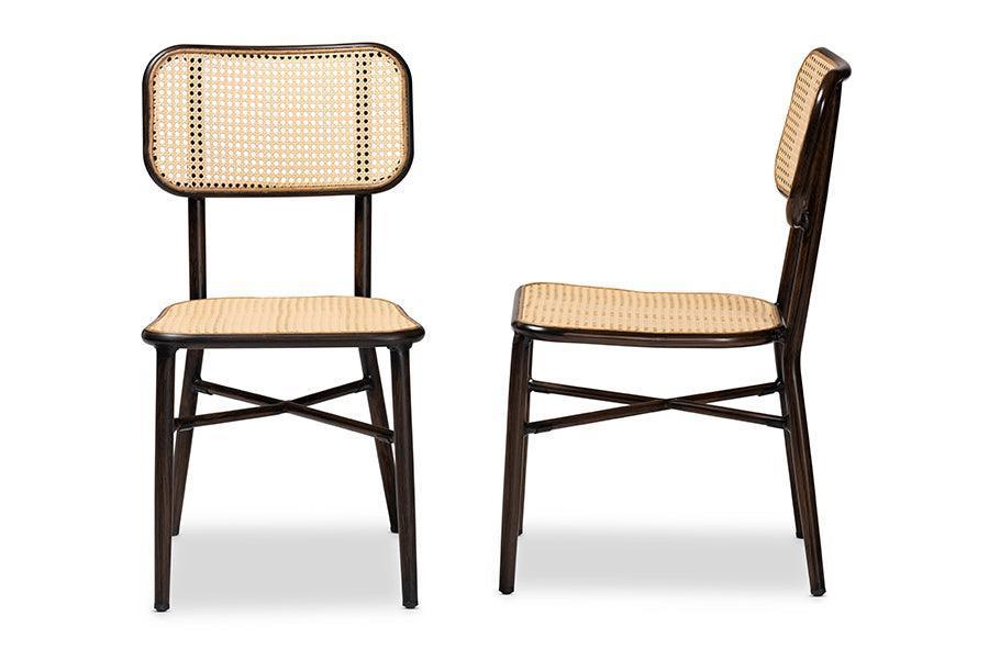 Katina Mid-Century Modern Dark Brown Finished Metal and Synthetic Rattan 2-Piece Outdoor Dining Chair Set FredCo