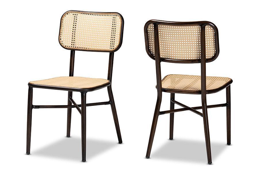 Katina Mid-Century Modern Dark Brown Finished Metal and Synthetic Rattan 2-Piece Outdoor Dining Chair Set FredCo