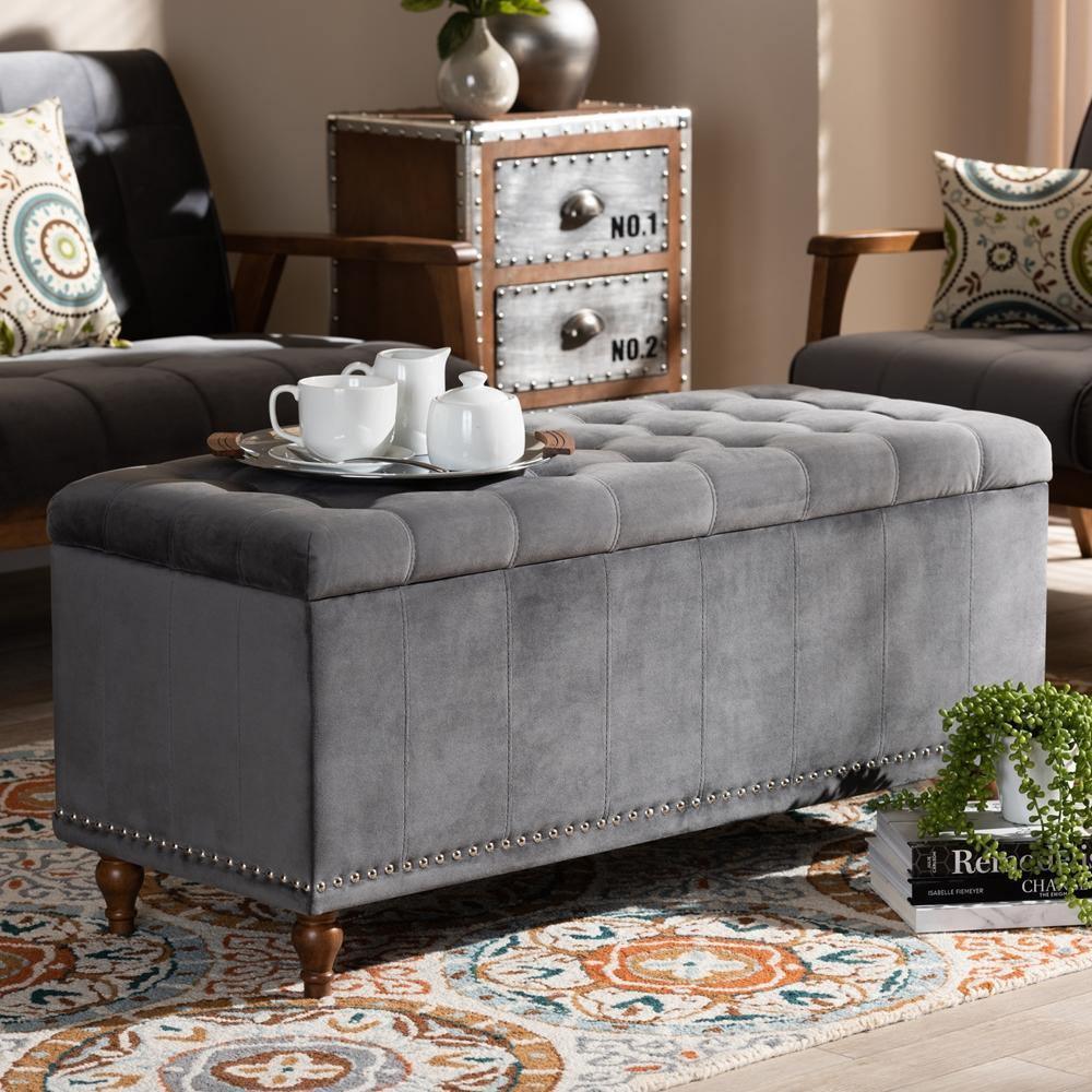 Kaylee Modern and Contemporary Grey Velvet Fabric Upholstered Button-Tufted Storage Ottoman Bench FredCo