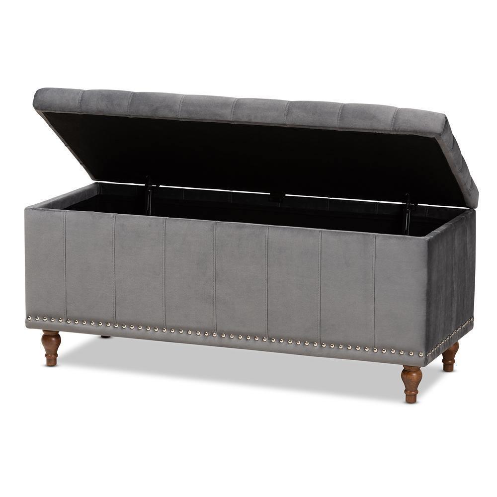 Kaylee Modern and Contemporary Grey Velvet Fabric Upholstered Button-Tufted Storage Ottoman Bench FredCo