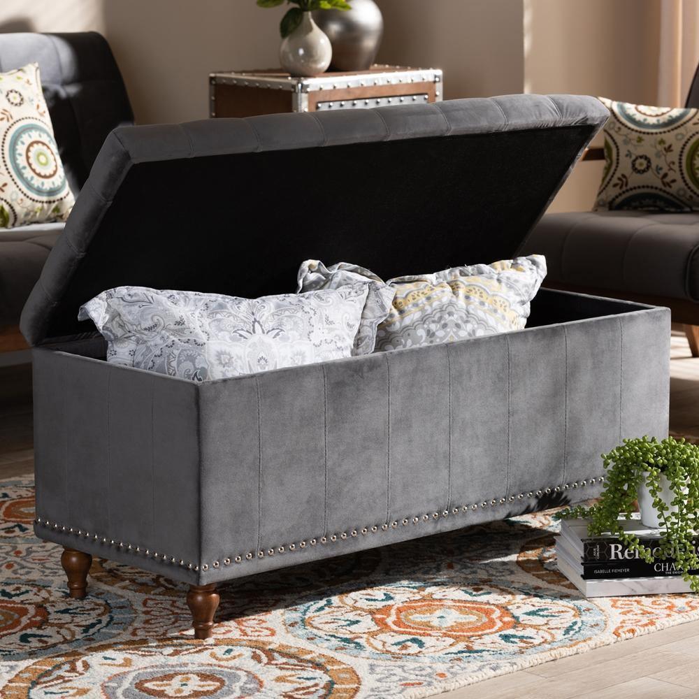 Kaylee Modern and Contemporary Grey Velvet Fabric Upholstered Button-Tufted Storage Ottoman Bench FredCo