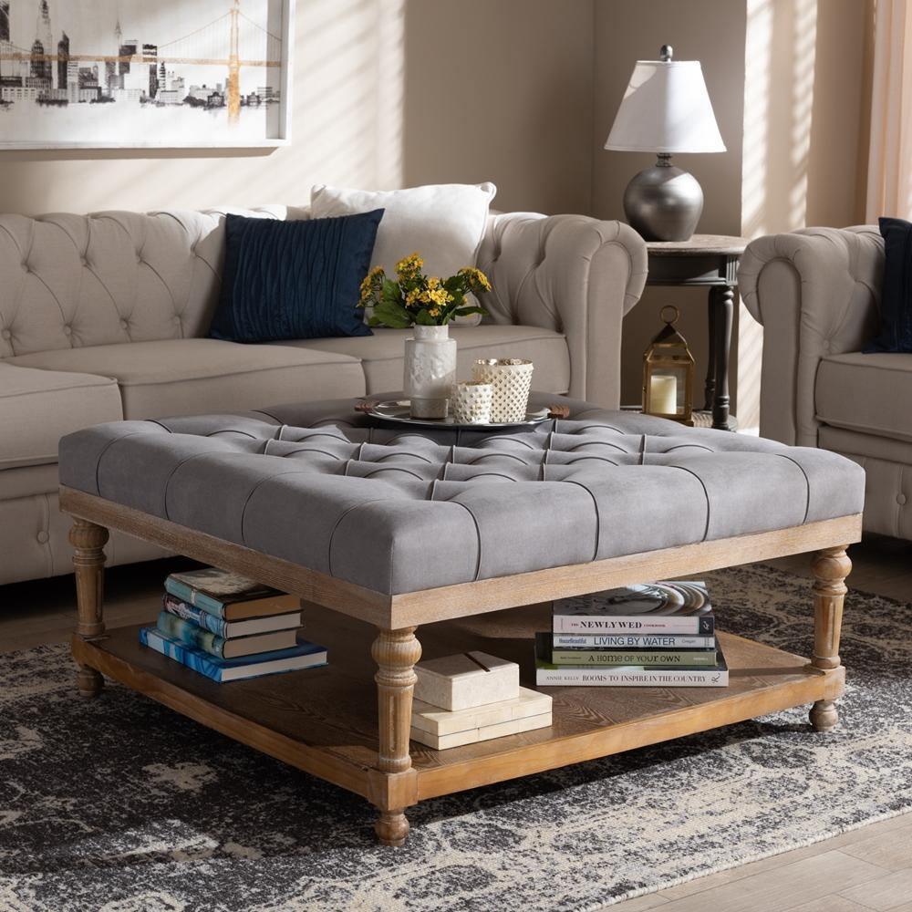 Kelly Modern and Rustic Grey Linen Fabric Upholstered and Greywashed Wood Cocktail Ottoman FredCo