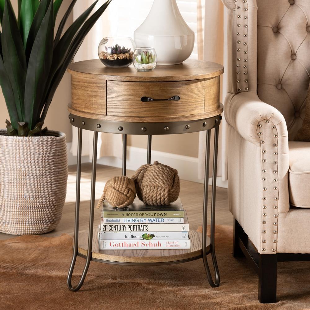 Kellyn Vintage Rustic Industrial Oak Brown Finished Wood and Black Finished Metal 1-Drawer End Table FredCo