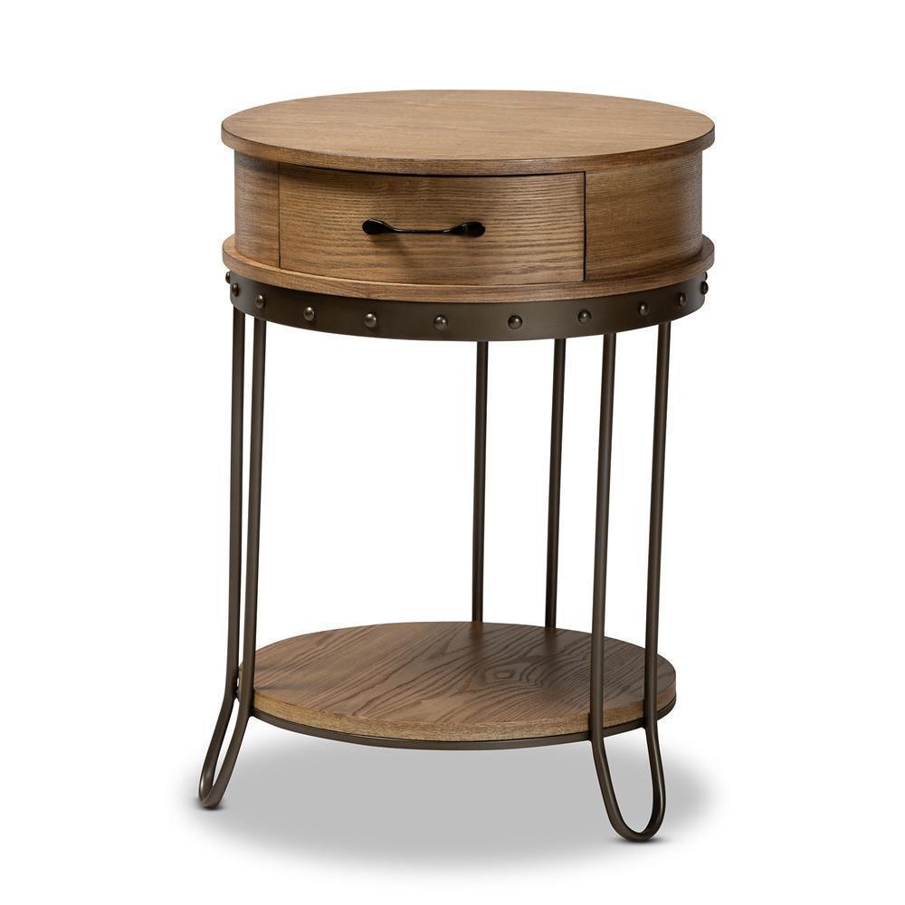 Kellyn Vintage Rustic Industrial Oak Brown Finished Wood and Black Finished Metal 1-Drawer End Table FredCo