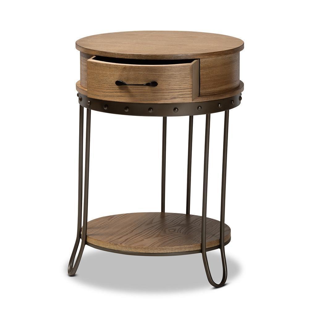 Kellyn Vintage Rustic Industrial Oak Brown Finished Wood and Black Finished Metal 1-Drawer End Table FredCo