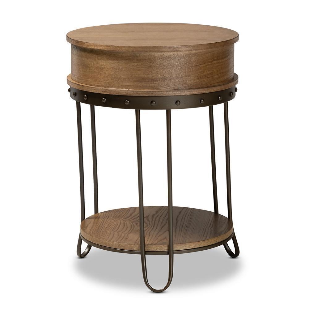 Kellyn Vintage Rustic Industrial Oak Brown Finished Wood and Black Finished Metal 1-Drawer End Table FredCo