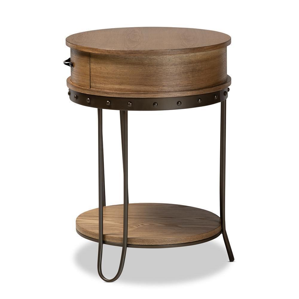 Kellyn Vintage Rustic Industrial Oak Brown Finished Wood and Black Finished Metal 1-Drawer End Table FredCo