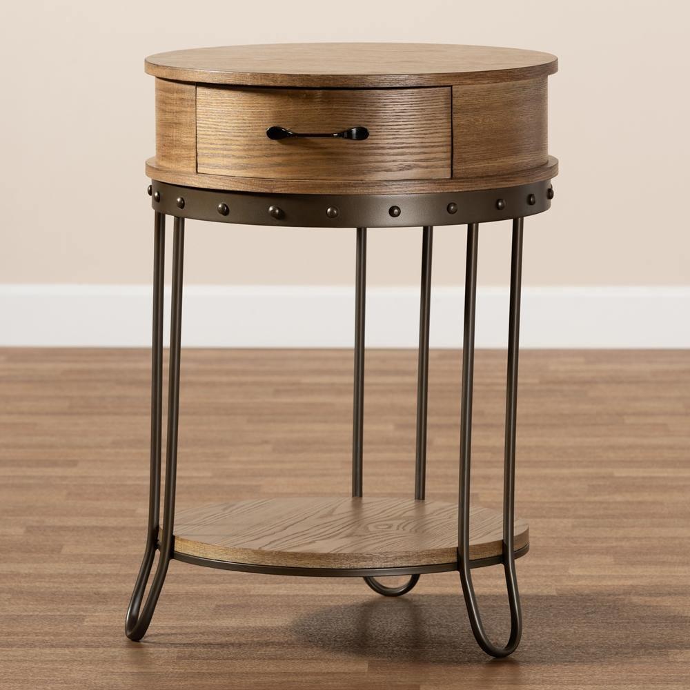 Kellyn Vintage Rustic Industrial Oak Brown Finished Wood and Black Finished Metal 1-Drawer End Table FredCo