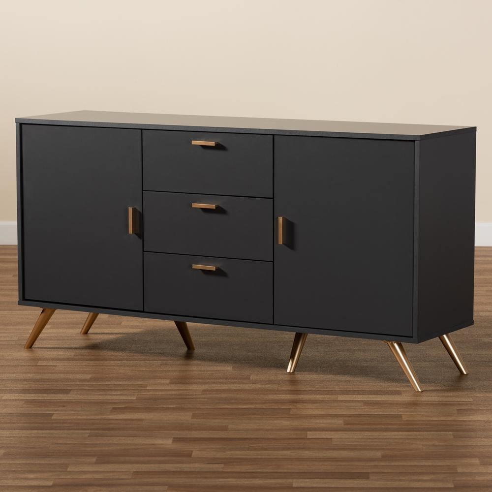 Kelson Modern and Contemporary Dark Grey and Gold Finished Wood 2-Door Sideboard Buffet FredCo
