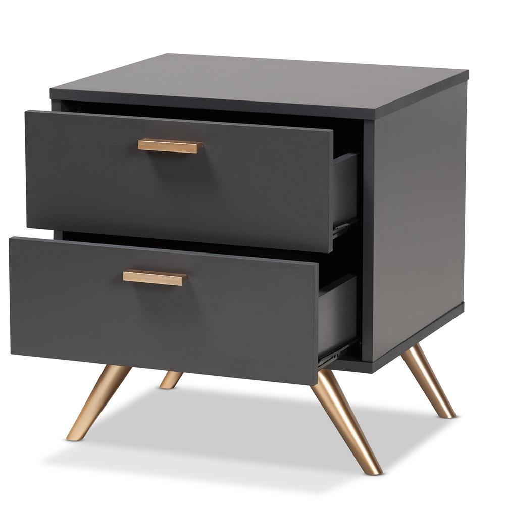 Kelson Modern and Contemporary Dark Grey and Gold Finished Wood 2-Drawer Nightstand FredCo