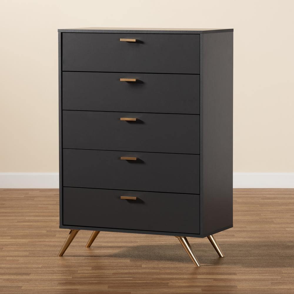 Kelson Modern and Contemporary Dark Grey and Gold Finished Wood 5-Drawer Chest FredCo