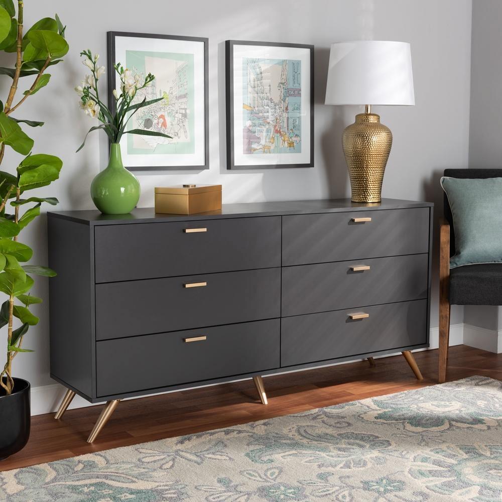 Kelson Modern and Contemporary Dark Grey and Gold Finished Wood 6-Drawer Dresser FredCo