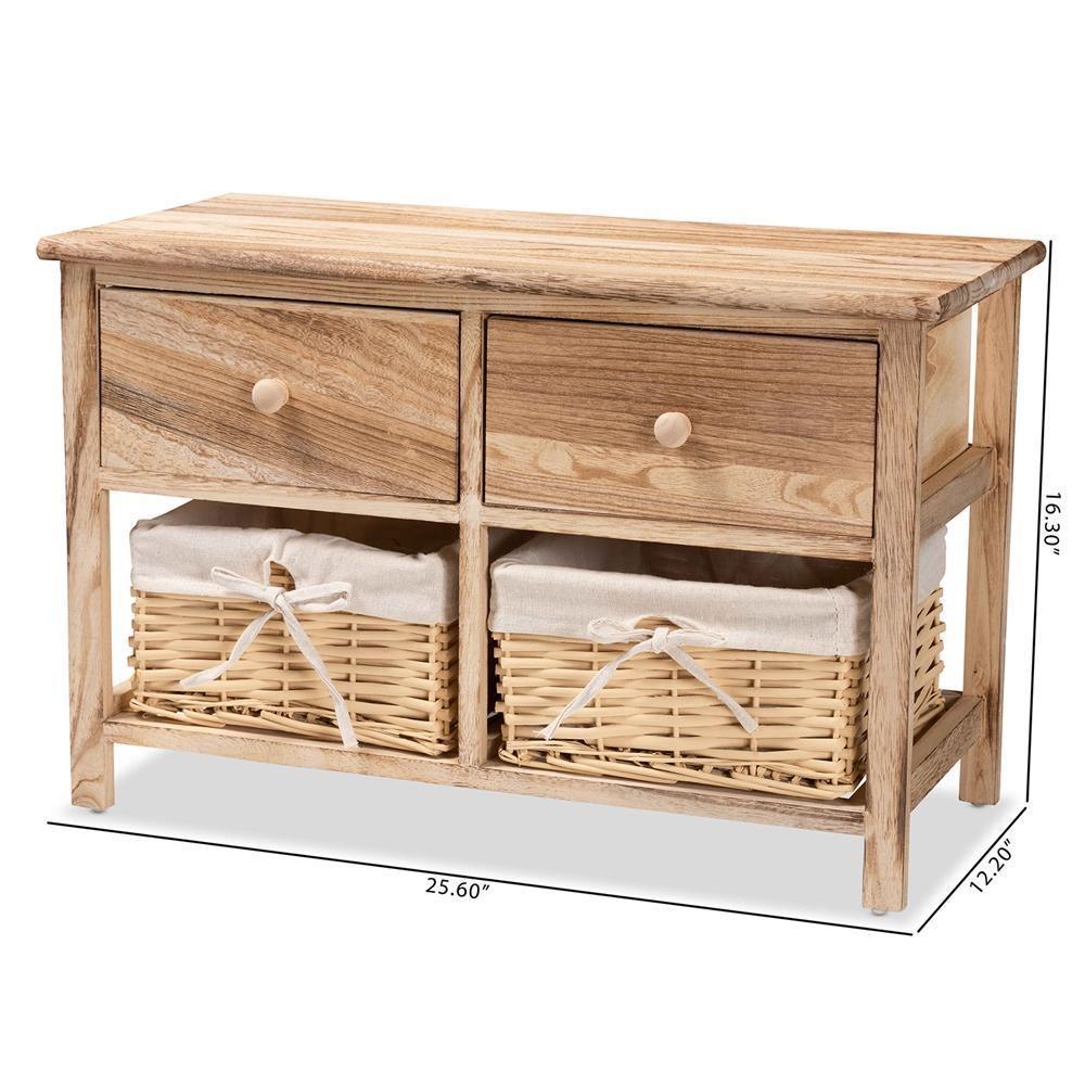 Kenwood Rustic and Contemporary Oak Brown Finished Wood 2-Drawer Storage Unit with Woven Baskets FredCo