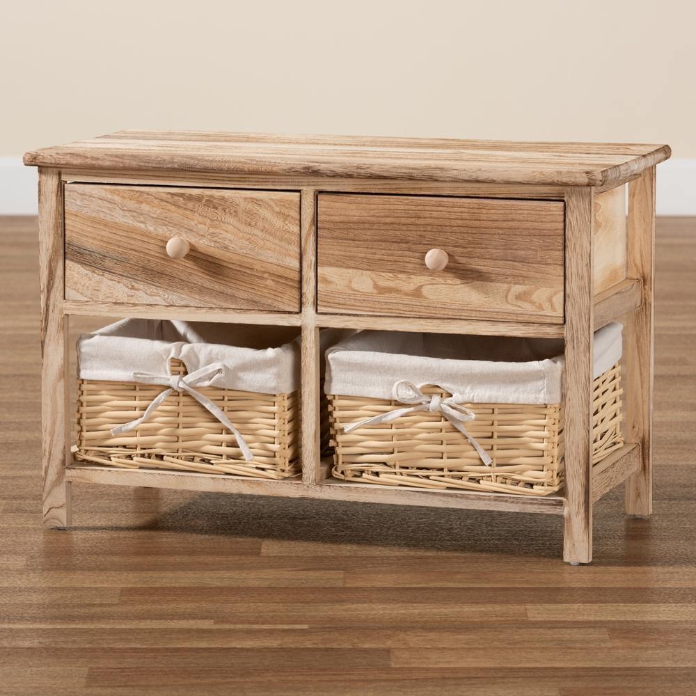 Kenwood Rustic and Contemporary Oak Brown Finished Wood 2-Drawer Storage Unit with Woven Baskets FredCo