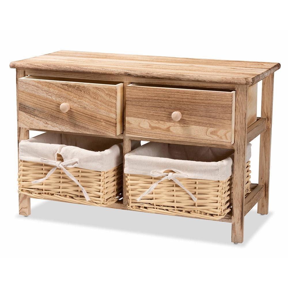 Kenwood Rustic and Contemporary Oak Brown Finished Wood 2-Drawer Storage Unit with Woven Baskets FredCo