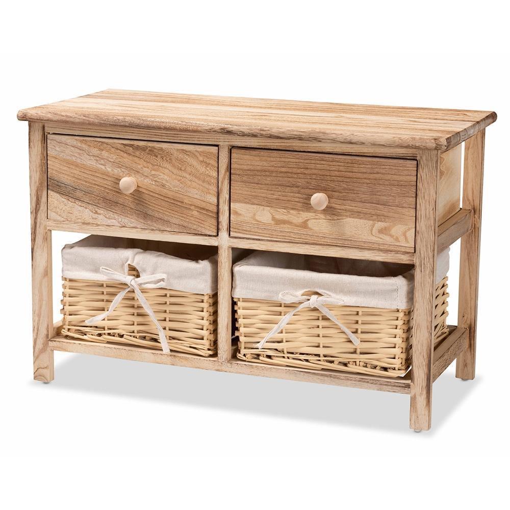 Kenwood Rustic and Contemporary Oak Brown Finished Wood 2-Drawer Storage Unit with Woven Baskets FredCo