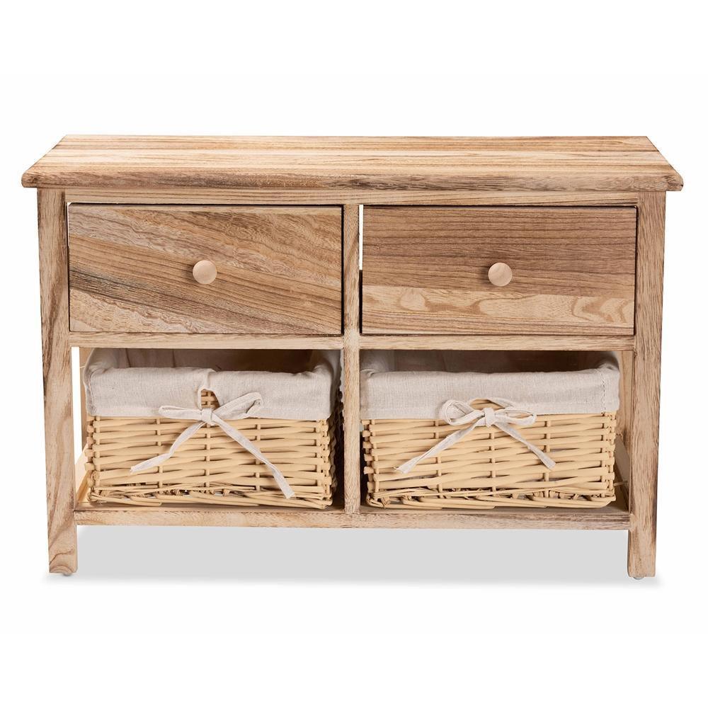 Kenwood Rustic and Contemporary Oak Brown Finished Wood 2-Drawer Storage Unit with Woven Baskets FredCo