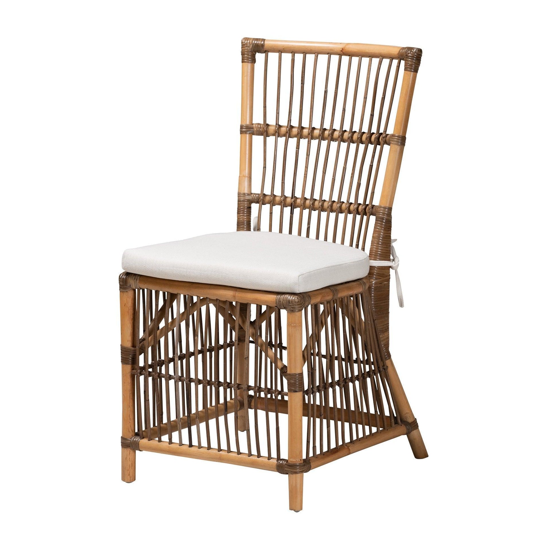 Kim Modern Bohemian White Fabric and Natural Brown Rattan Dining Chair FredCo