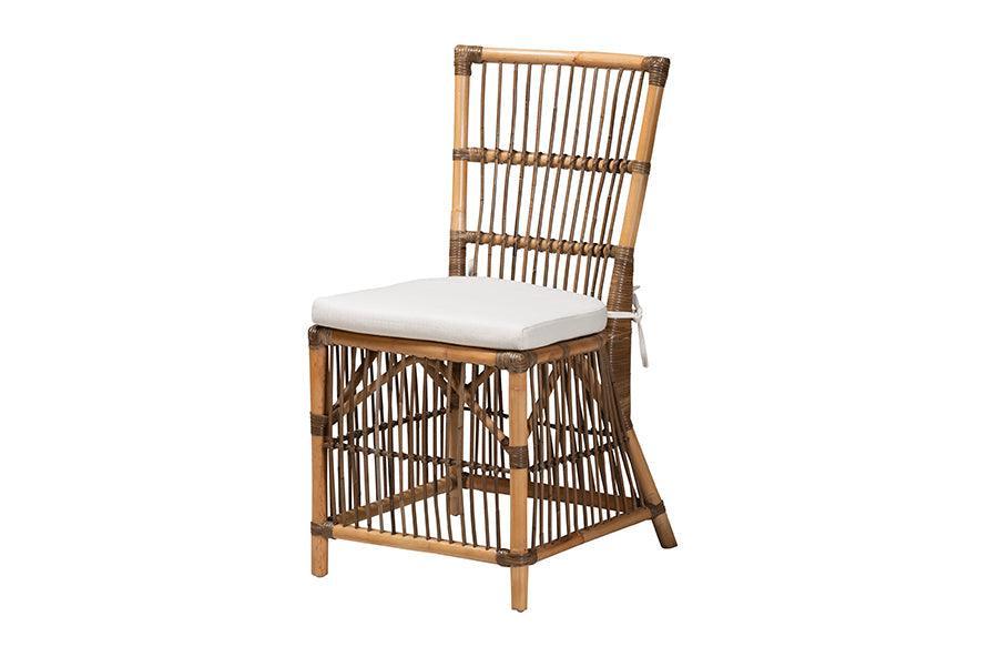 Kim Modern Bohemian White Fabric and Natural Brown Rattan Dining Chair FredCo