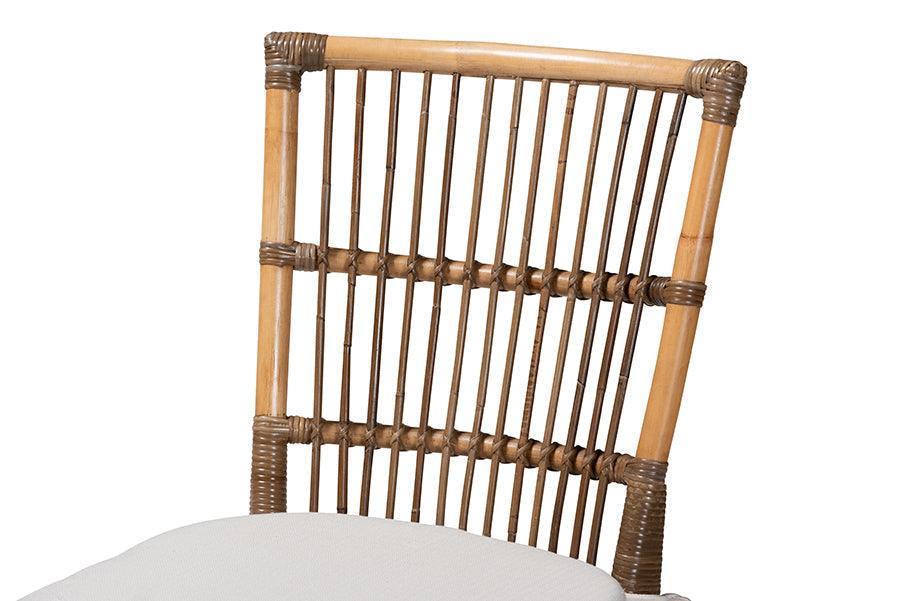 Kim Modern Bohemian White Fabric and Natural Brown Rattan Dining Chair FredCo