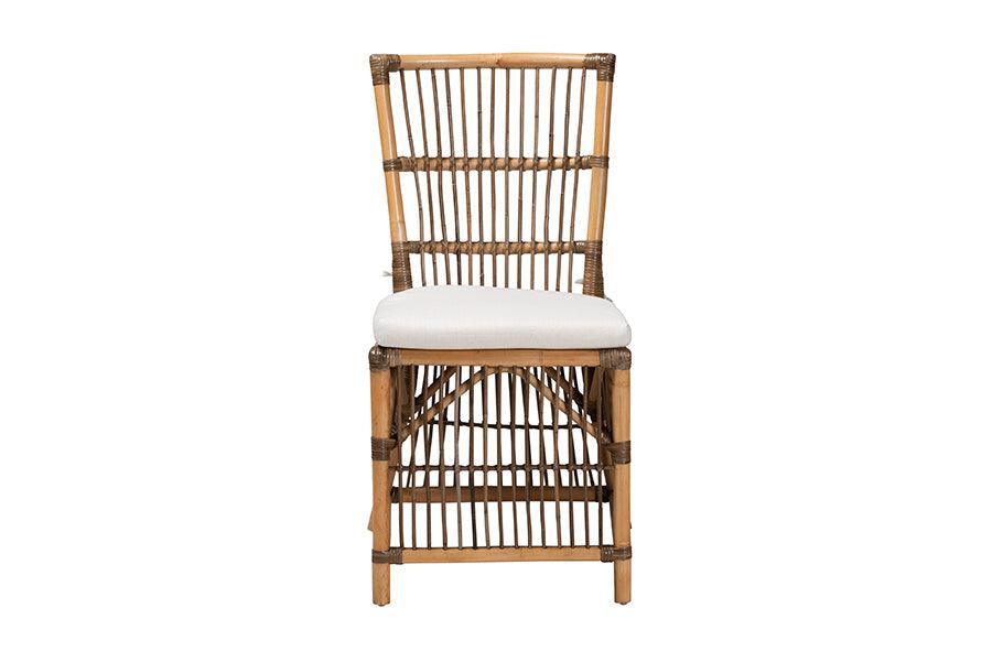 Kim Modern Bohemian White Fabric and Natural Brown Rattan Dining Chair FredCo