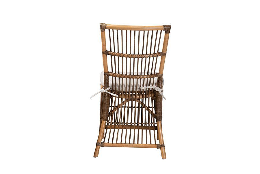 Kim Modern Bohemian White Fabric and Natural Brown Rattan Dining Chair FredCo
