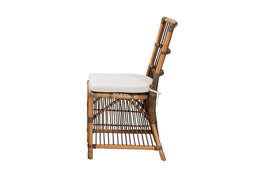 Kim Modern Bohemian White Fabric and Natural Brown Rattan Dining Chair FredCo