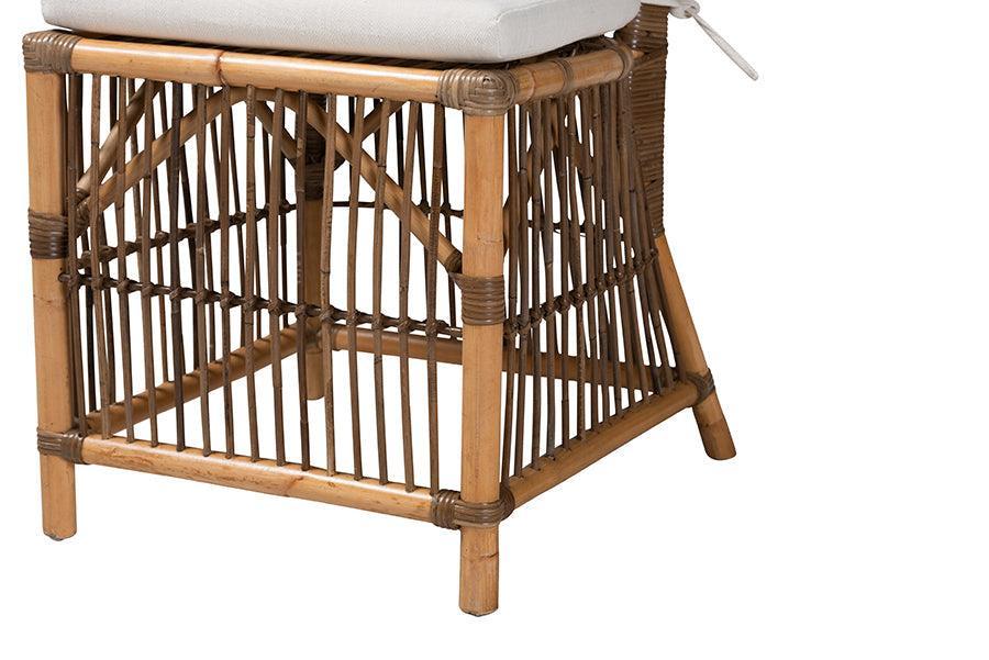 Kim Modern Bohemian White Fabric and Natural Brown Rattan Dining Chair FredCo