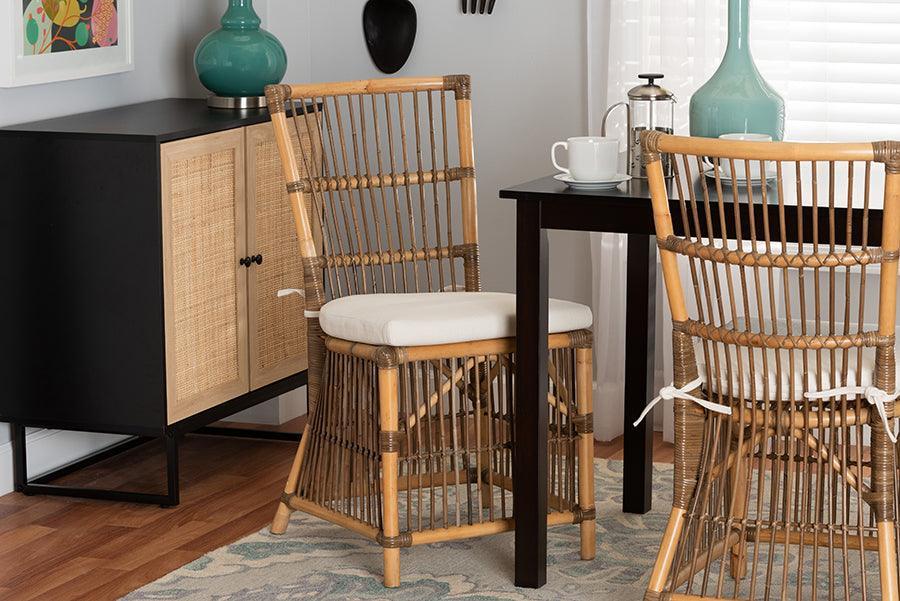 Kim Modern Bohemian White Fabric and Natural Brown Rattan Dining Chair FredCo